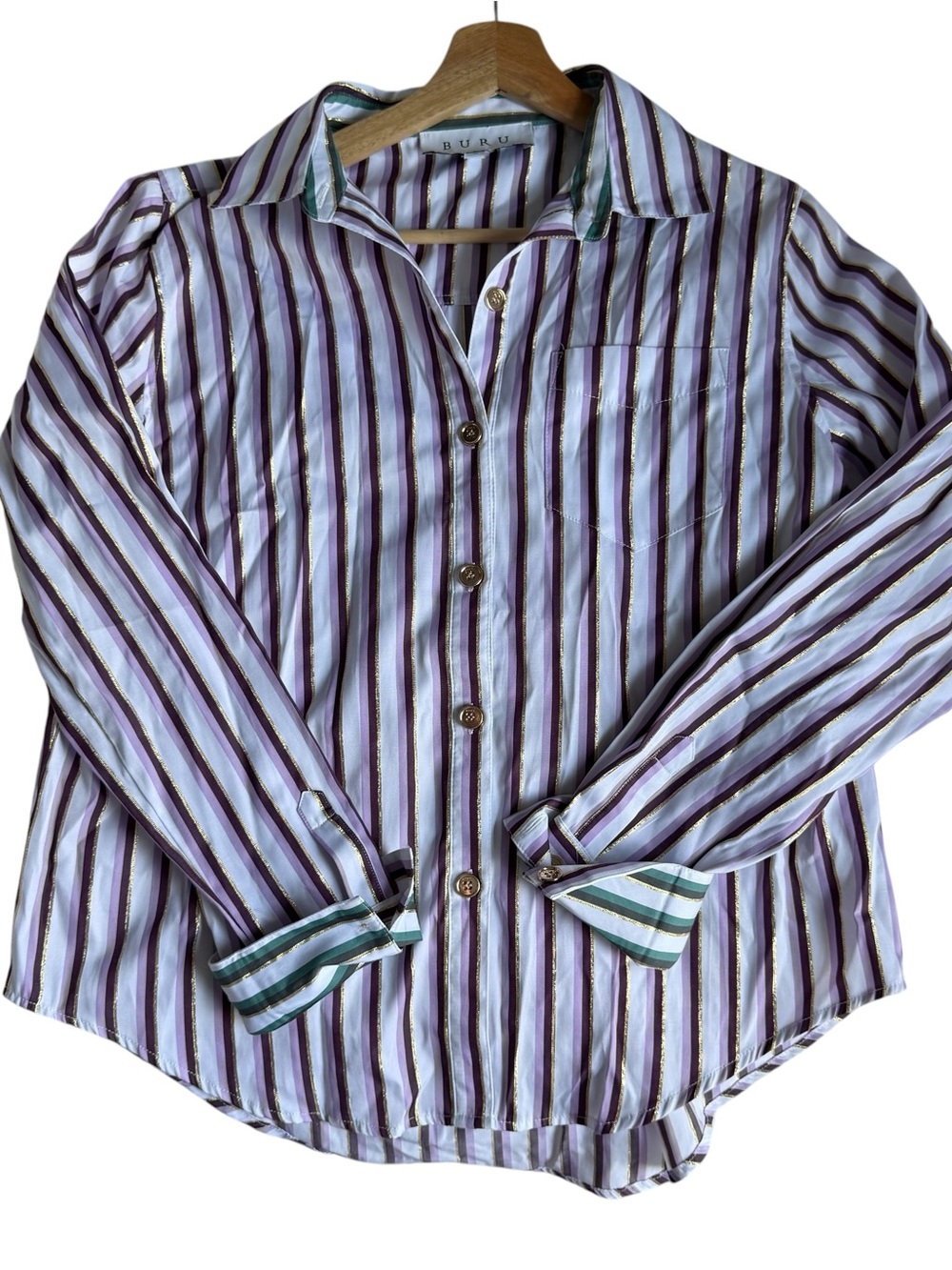 BURU Purple White Green Stripe Metallic Collared Button Down Shirt Womens Medium